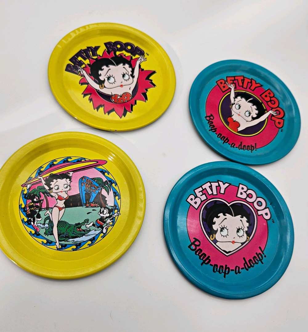 Betty Boop Printed Metal Mini Trays/Coasters Lot of 4 Yellow & Blue